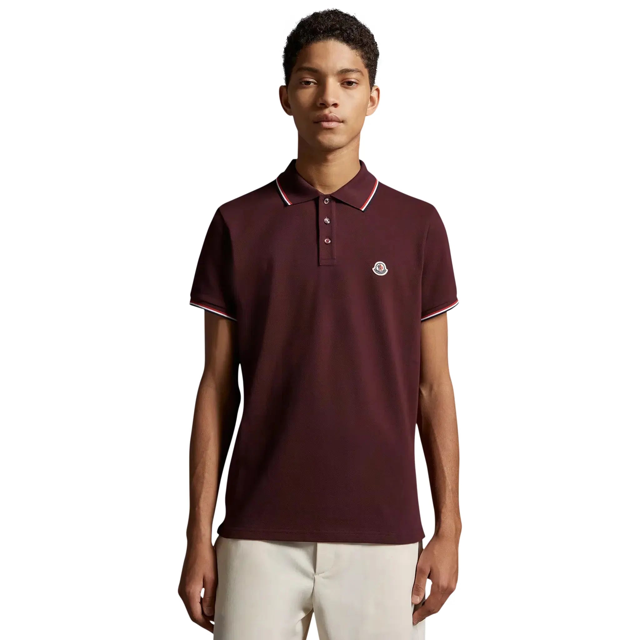 Model Front view of Moncler Maglia Burgundy Polo Shirt J10918A7030084556499